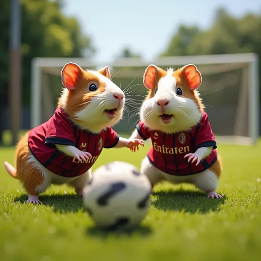 Prompt: (2 guinea pigs), wearing AC Milan uniforms, engaged in a lively game of soccer, cheerful ambiance, vibrant  colors, cool breeze in a sunny park setting, grassy field with a soccer goal in the background, dynamic action pose, ultra-detailed, HD quality, playful expressions, scene filled with energy and excitement.