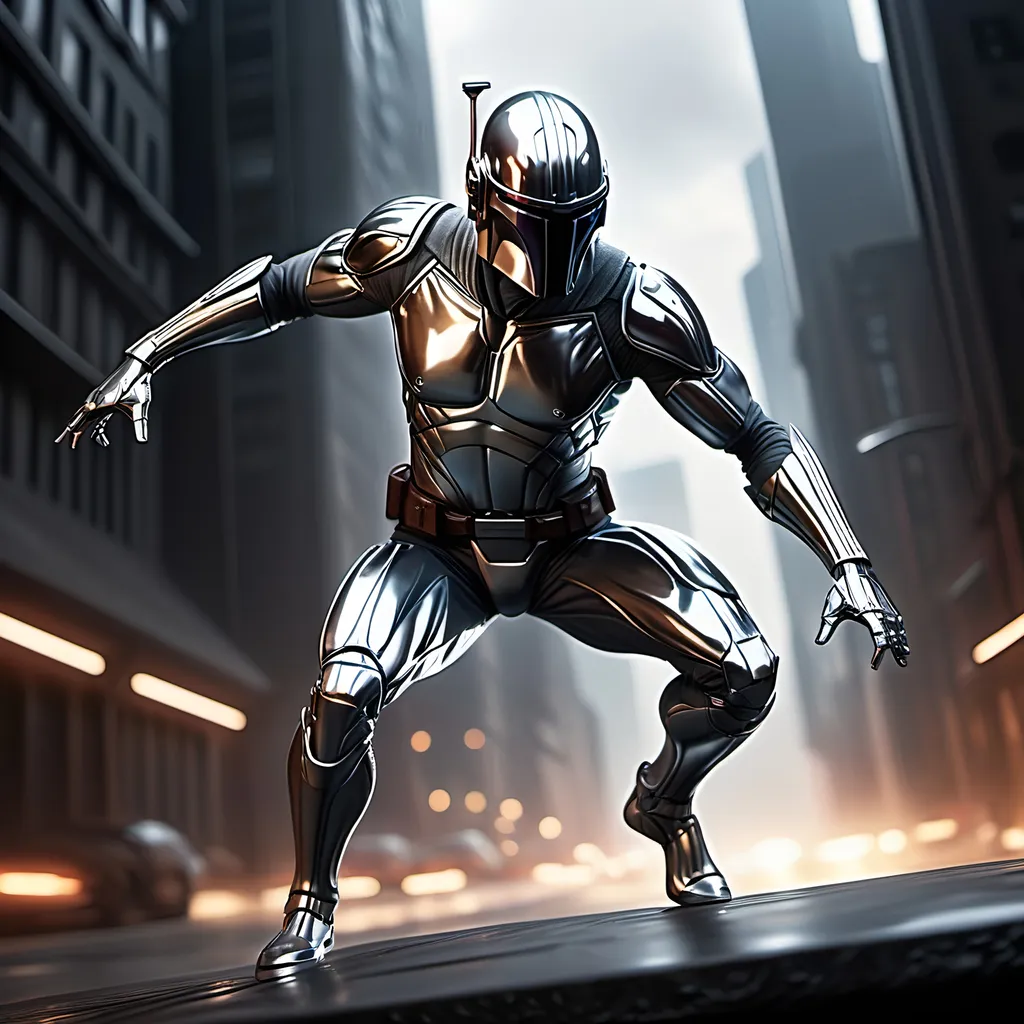 Prompt: (Silver Surfer Mandalorian)  dynamic pose, blending elements of both characters, dark and mysterious ambiance, cool tones, sleek textures, high detail, dramatic shadows, futuristic cityscape background, moody lighting, enhanced visual contrast, 4K quality, emphasizing strength and fearlessness, epic superhero vibe.