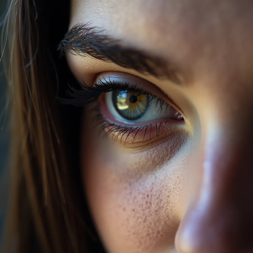 Prompt: sensual look in her right eye, extreme close-up, natural light, high detail, in dusty gray tones, haze, hairs, quantum rendering, realistic, hyper-detailed, kodak 50mm lens, professional photoshoot, full-hight scene view