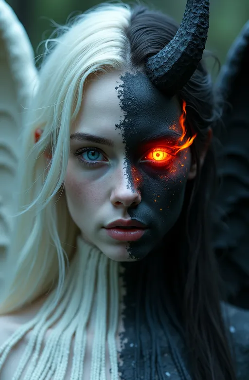 Prompt: Misty Valley, a close-up of a mysterious female entity, one half of her body and face is beautiful, angelic appearance, blue eyes, white hair, the other half of her body and face is demonic, coal-black skin, red eye and hair are burning with fire, demonic horn, on her back are wings corresponding to each part of the body. Dark atmosphere, cinematic, masterpiece, clear focus.