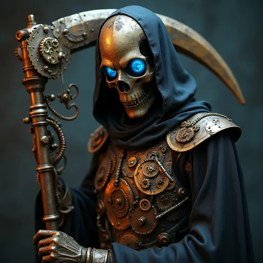 Prompt: A menacing Steampunk Grim Reaper forged from tarnished and polished copper, adorned with intricate clockwork gears, glowing blue eyes, and a tattered mechanical cloak. His scythe is an elaborate fusion of brass tubing, steam vents, and razor-sharp gears. Dramatic shadows cast eerie highlights on his metallic frame, emphasizing his ominous presence. Ultra-detailed, cinematic lighting, 8K resolution, best quality, absurdres, masterpiece.