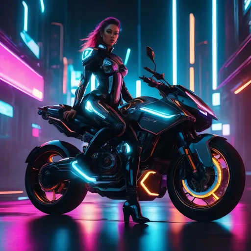 Prompt: full body biological technology animation of a Stunning cyborg woman in a dystopian setting, riding a motorcycle high-tech metal and synthetic skin, glowing neon accents, detailed facial features, vibrant and high contrast, cyberpunk, futuristic, sleek and elegant design, atmospheric lighting, detailed eyes, best quality, highres, ultra-detailed, dystopian, cyberpunk, vibrant color palette, intense gaze