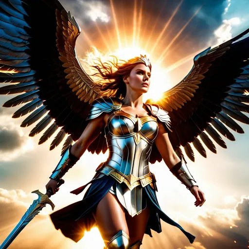Prompt: UHD, Photorealistic image of a Winged Valkyrie descending from the sky, brilliant burst of light illuminating the scene, battlefield filled with struggling warriors, cool color scheme, photorealistic style, eye-level full shot, soft focus, hyperrealistic details, intricate features, amazing depth, stunning composition, atmospheric lighting, masterful execution, high definition, dynamic and imposing presence, capturing an epic moment of battle.