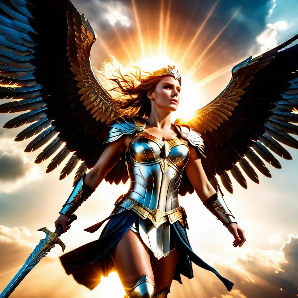 Prompt: UHD, Photorealistic image of a Winged Valkyrie descending from the sky, brilliant burst of light illuminating the scene, battlefield filled with struggling warriors, cool color scheme, photorealistic style, eye-level full shot, soft focus, hyperrealistic details, intricate features, amazing depth, stunning composition, atmospheric lighting, masterful execution, high definition, dynamic and imposing presence, capturing an epic moment of battle.