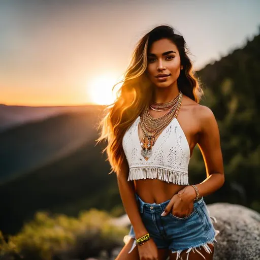 Prompt: Photo-realistic Photo of a naturally gorgeous Native American woman, perfect face, perfect body, full body shot, standing on a rock on a Mountain trail, some freckles across her nose, in small plaid halter top, short jean cuttoffs, multiple necklaces, and bracelets. sunrise in the background, Styled like a Hippie, stunningly beautiful, hyper-realistic, high definition, stunning beauty, detailed facial features, realistic lighting, professional artwork, atmospheric lighting, highres, highly detailed,unreal engine 8k octane, mage resolution must be high to capture every detail, providing an immersive and stunning visual experience. The combination of the woman, the clothes, and the scenery must create a visually striking and coherent composition.