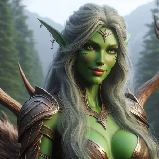 Prompt: A hyperdetailed, hyperrealistic, HD, full-length image of green-skinned, beautiful elf female, King's Ranger, Forest Colored armor, green eyes, facial tattoos, tall, athletic, slender, long silver hair, perfect skin, 27, perfect body, perfect face, long legs, wry smile, riding a massive buck in the mountains