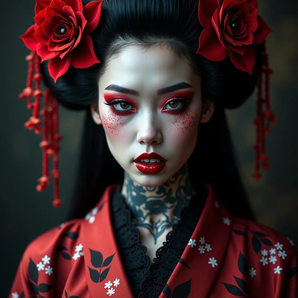 Prompt: (A goth geisha vampire covered with Yakuza Tattoos), intricate makeup, dramatic fangs, traditional kimono with dark floral patterns, incredible detailing on clothes, perfect make-up, sharp fangs over blood red lips.  contrasting with lace elements, haunting ambiance, shadows reflecting cold moonlight, mysterious surgical precision in fabric details, mystical aura exuding sensuality, lush dark red and black tones, (ultra-detailed), (4K), dark, terrifying yet enchanting and chilling atmosphere, courtly surroundings filled with ethereal allure.