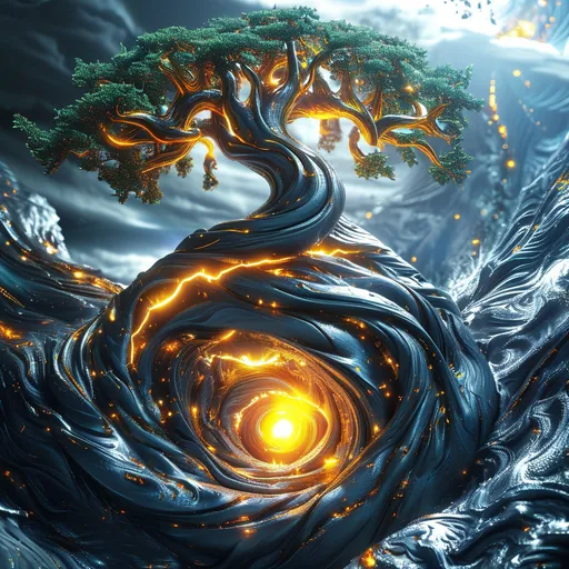 Prompt: A mesmerizing, hyperrealistic 8K image of Yggdrasil, the Norse World Tree, bursting forth from a swirling, multi-hued liquid metal vortex. The tree's roots delve deep into the dynamic vortex, intertwining with the serpentine form of Jörmungandr, the World Serpent. Yggdrasil’s branches reach skyward, adorned with luminous Norse symbols and runes. The liquid metal vortex, blending gold, silver, bronze, copper, and platinum, shimmers and glows with an ethereal light. The entire composition creates a dreamlike, hypnotic atmosphere, with vibrant electric glows and stark contrasts. The background features a surreal, abstract landscape with swirling nebulae and distant stars. This image captures the cosmic balance of life, death, and rebirth in Norse mythology.