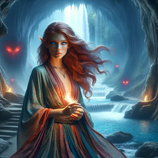 Prompt: Create a fantasy-style image of an ancient, windy, cavernous cave with a majestic waterfall flowing into a pool of clear blue water. The focus is on a full-body depiction of a young elf sorceress with flowing red hair, piercing blue eyes, and wearing a multi-color silk robe. She has a feminine face and a slender figure, with light from a magic flame on her fingertip illuminating the cave. In the background, deep red eyes are glowing, adding a mystical feel to the scene. The image should be ultra-realistic, with perfect lighting, shadows, and intricate details, capturing the essence of fantasy concept art.