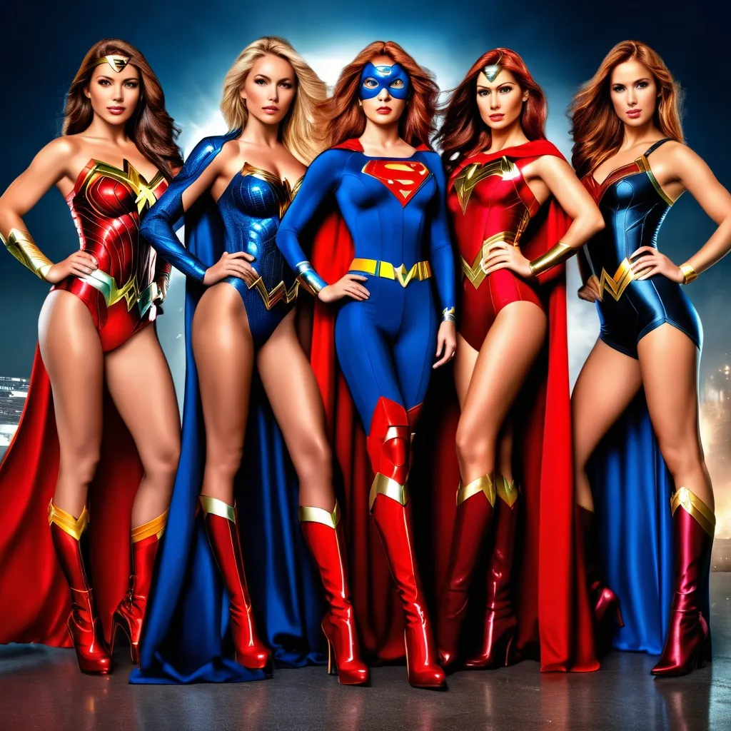 Prompt: Professional photorealistic image. 7 stunningly beautiful women in various poses. Each woman is a unique and iconic inspiration of the most famous female superheros, atmospheric, rich color palette, highly detailed, HDR