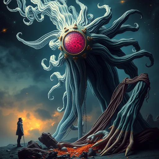 Prompt: The lovecraftian depiction of the unimaginable inevitable endless cosmic horror coming from the deadly void of space in the form of the giant irritating ethereal indescribable ancient non-euclidean entity, high quality, detailed, intricate details, masterpiece, UHD 16K, professional photograph, soul gem, gemmed
