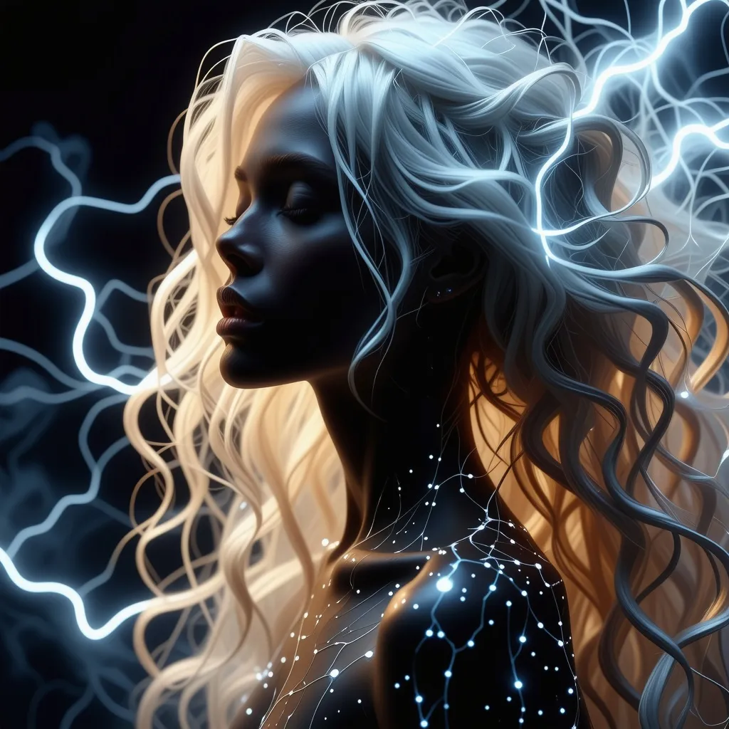 Prompt: Silhouette Art, magnificent. stunningly beautiful female air elemental, long white hair made from clouds, bangs, pulsing with gusts of wind and white electrical energy, white energy motes are all around her, she has an ethereal quality that makes her more mysterious,  subtle white iridescent diamonds covering her body,   Create a hyper-realistic scene in 8K resolution with intricate, lifelike textures and fine details. The composition is rendered with photorealistic quality, using advanced lighting, shadows, and reflections to emphasize realism. Every element, from the subject to the background, is crafted with meticulous attention to detail, capturing natural depth, accurate proportions, and true-to-life materials. The atmosphere is immersive and visually arresting, highlighting realistic textures, subtle nuances, and dynamic elements like natural light or motion. The overall effect should feel stunningly lifelike, evoking realism in every aspect.Unreal Engine, photorealistic, hyperrealistic, and visually arresting. Rendered in 8K, hyperrealistic, with fine intricate details.