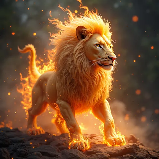 Prompt: beautiful aesthetic, intricate, a dragonic lion made of fire, covered in fire, magical aura, fantasy art, peaceful, high fantasy style, mysterious, celestial light, ethereal, painterly, epic, majestic, magical, fantasy art, cover art, sparkling glass, dramatic lighting