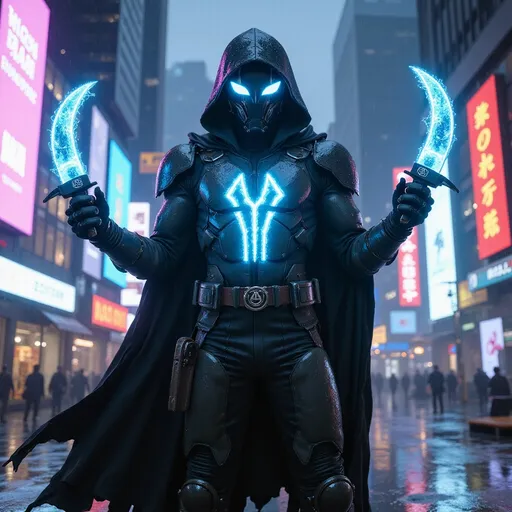 Prompt: A sci-fi cyberpunk anti-hero, Kai, wielding two energy-charged and electrically pulsating Karambit knives, one in each hand.  He is standing in a menacing pose, facing the viewer directly. He wears a sleek, battle-worn helmet with glowing, jagged neon slits for eyes, creating an eerie, intimidating look. His long, tattered cape, crackling with neon energy, shifts and flows around him like living, symbiotic tendrils. His armored suit is intricately detailed, infused with glowing circuitry, LED enhancements, and high-tech cybernetic augments. A bold, stylized Delta and Omega emblem glows on his chest in a vibrant neon blue LED light.  This emblem symbolizes change and the merciless way he enforces his own brand of justice, similar to a futuristic Punisher or Judge Dredd.  The scene is set in a dark, rain-soaked dystopian city.  The towering cityscape behind him features holographic billboards, flickering neon signs, and cybernetic surveillance drones.  Rain reflects the neon lights on the wet streets, casting an ominous glow.  The entire scene is rendered with cinematic lighting, dramatic contrast, and ultra-high detail, capturing the unstoppable force and intensity of this vigilante in his relentless war against crime.