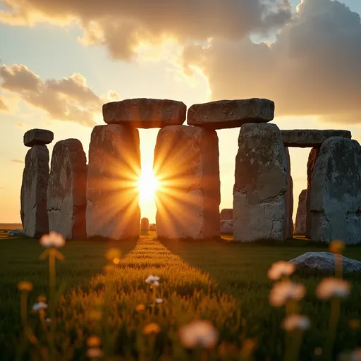 Prompt: A photorealistic, high-definition image capturing the celestial alignment of the sun peeking directly through the stones of Stonehenge during a breathtaking sunrise on the summer solstice. The vibrant rays of radiant sunlight filter between the ancient stone formations, creating a golden halo effect against a softly glowing sky. The foreground features a minimal hint of lush greenery, with wildflowers subtly framing the stones without overpowering the composition. The serene atmosphere highlights the monumental beauty of Stonehenge, with warm tones blending harmoniously in the dawn light. The focus is on the interplay of light and shadow on the stones, emphasizing their texture and timeless mystique. The scene conveys nature’s elegance and the wonder of this ancient celestial alignment.