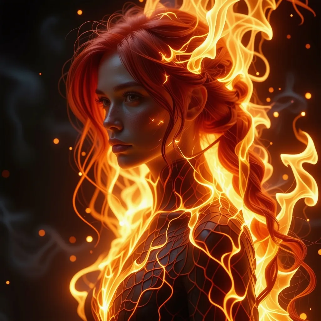 Prompt: Silhouette Art, magnificent. female fire elemental, long red hair made from flames and smoke, bangs, pulsing with flames and yellow electrical energy, subtle red iridescent scales covering her body,   Create a hyper-realistic scene in 8K resolution with intricate, lifelike textures and fine details. The composition is rendered with photorealistic quality, using advanced lighting, shadows, and reflections to emphasize realism. Every element, from the subject to the background, is crafted with meticulous attention to detail, capturing natural depth, accurate proportions, and true-to-life materials. The atmosphere is immersive and visually arresting, highlighting realistic textures, subtle nuances, and dynamic elements like natural light or motion. The overall effect should feel stunningly lifelike, evoking realism in every aspect.Unreal Engine, photorealistic, hyperrealistic, and visually arresting. Rendered in 8K, hyperrealistic, with fine intricate details.