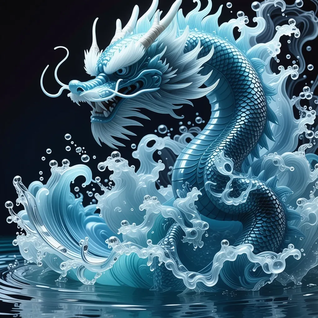 Prompt: A hyper-realistic, ultra-high-definition depiction of a majestic Water Dragon inspired by Chinese mythology, bursting powerfully from the surface of a pristine, crystal-clear body of water. The dragon has a serpentine, flowing form with intricate, lifelike scales that shimmer in cool tones of aquamarine, blue, and silver. Its body is semi-translucent, appearing as though it is made entirely of water, with glowing, ethereal details and mist swirling around it. Its long, elegant whiskers and horns reflect traditional Chinese dragon designs, blending seamlessly with the dynamic motion of the water. The dragon’s movement creates a dramatic spray of crystal-clear droplets, frozen mid-air, and perfect concentric ripples radiate outward from the water's surface. The background features a faint cosmic glow, with subtle reflections of the Milky Way and a serene yet dramatic atmosphere. The lighting is cinematic, highlighting the interplay of the dragon's translucent body, intricate textures, and powerful presence. Ultra-detailed and photorealistic, the scene embodies the mystique and grandeur of Chinese mythology, captured in breathtaking detail.