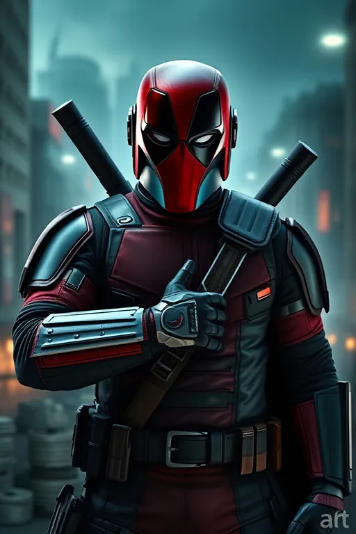 Prompt: HD Hyperrealistic, Photorealistic Wide Angle Full body image of (Deadpool Mandalorian)  Helmet painted like Deadpol mask dynamic pose, blending elements of both characters, dark and mysterious ambiance, cool tones, sleek textures, high detail, dramatic shadows, futuristic dystopian cityscape background, moody lighting, enhanced visual contrast, 8K quality, emphasizing strength and fearlessness, epic superhero vibe.