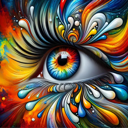 Prompt: A vibrant and colorful artistic representation of an eye. The eye is the central focus, with its iris exhibiting a spectrum of colors ranging from reds to blues. Surrounding the eye are abstract patterns and shapes in a myriad of colors, including oranges, yellows, greens, and blues. Some of these patterns resemble fluid or paint splatters, while others have a more structured, almost psychedelic appearance. The eye's eyelashes are prominently depicted, and they seem to be made of thick, black strands. The overall feel of the image is dynamic, energetic, and evocative of intense emotion or creativity.