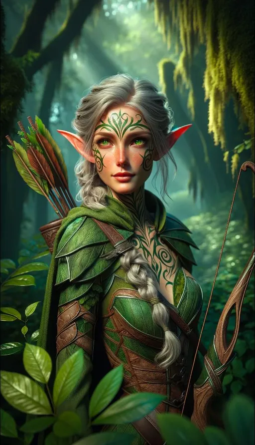 Prompt: a stunning elven female, 27 years old, with pointed ears and skin the color of fresh, vibrant leaves. Her athletic and slender figure is accentuated by forest-colored armor, simple yet elegant. Her long silver hair is styled in a loose braid, and her face features a few swirling tattoos on her high cheekbones. She exudes quiet confidence, her bright green eyes alert and a slight, knowing smile on her lips. In her hand, she holds a simple alder bow, she is accompanied by a single black mastiff.