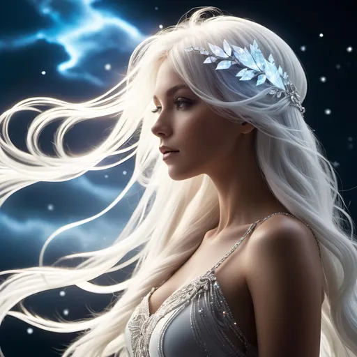 Prompt: Silhouette Art, magnificent. stunningly beautiful female air elemental, long white hair made from clouds, bangs, pulsing with gusts of wind and white electrical energy, white energy motes are all around her, she has an ethereal quality that makes her more mysterious,  subtle white iridescent diamonds covering her body,   Create a hyper-realistic scene in 8K resolution with intricate, lifelike textures and fine details. The composition is rendered with photorealistic quality, using advanced lighting, shadows, and reflections to emphasize realism. Every element, from the subject to the background, is crafted with meticulous attention to detail, capturing natural depth, accurate proportions, and true-to-life materials. The atmosphere is immersive and visually arresting, highlighting realistic textures, subtle nuances, and dynamic elements like natural light or motion. The overall effect should feel stunningly lifelike, evoking realism in every aspect.Unreal Engine, photorealistic, hyperrealistic, and visually arresting. Rendered in 8K, hyperrealistic, with fine intricate details.