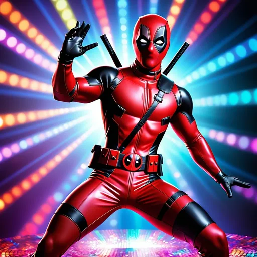 Prompt: (Deadpool in a 1970s disco suit), vibrant red and black colors, dazzling sequins reflecting light, dynamic disco pose, groovy motion, psychedelic atmosphere, bright, colorful disco lights in the background, ultra-detailed, capturing the energetic vibe of a disco club, high contrast, dramatic, playful and cheeky tone, bold aesthetics, retro flair.