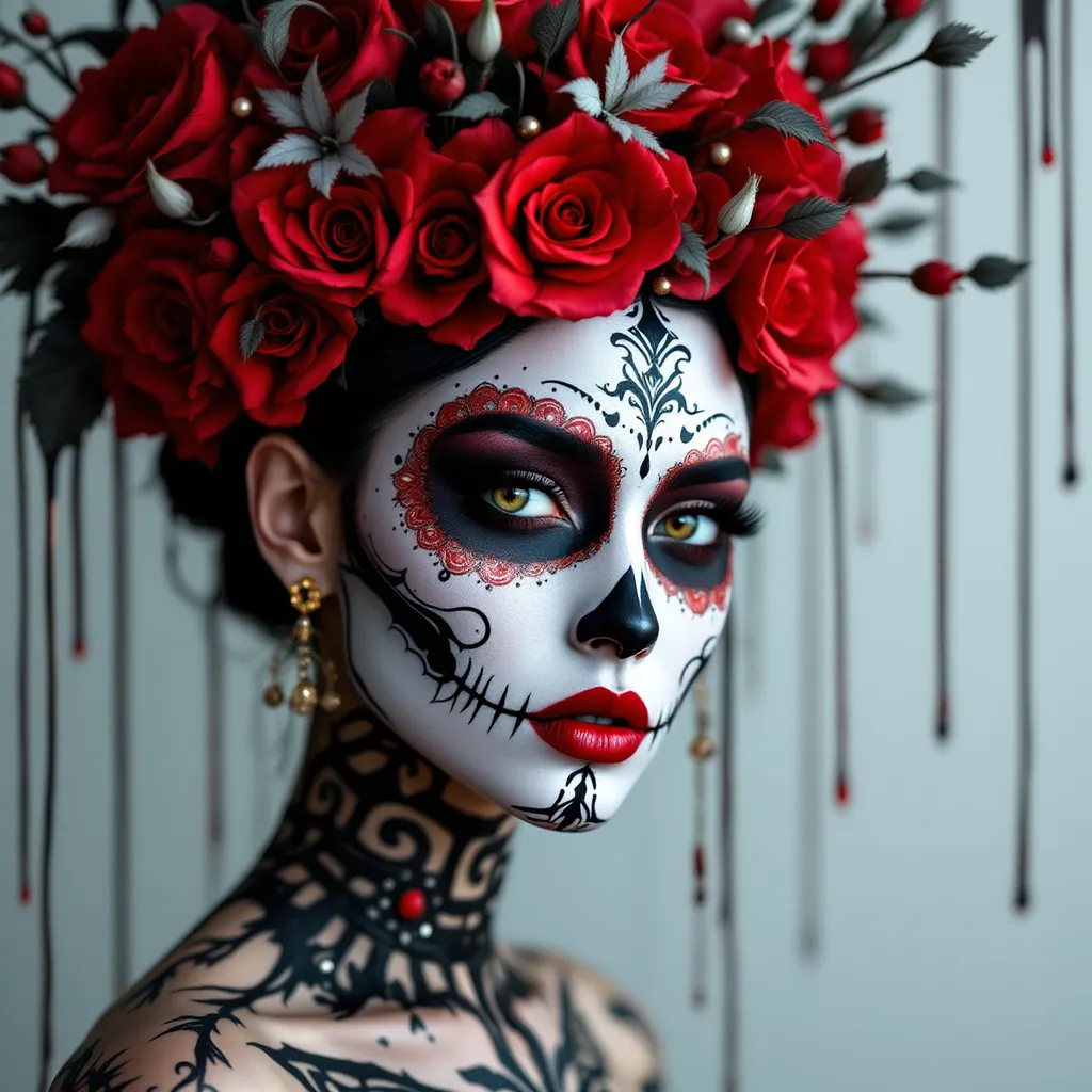 Prompt: A surreal and highly detailed face cowboy shot of a gorgeous 29 year old woman wearing Día de los Muertos makeup, featuring intricate floral patterns and a striking color palette of red, black and silver. Her face is adorned with symmetrical decorative elements, with glitter paint around her eyes, metallic red lips, and a skull-like nose design. Her eyes are intense and expressive, enhanced by dramatic shadows. She wears an elaborate headdress made of red roses and belladona plants integrated into an artistic structure inspired by Art Nouveau and cyberpunk aesthetics. Her neck and shoulders are covered in intricate, aztec art tattoos, reminiscent of tribal and futuristic ornaments.  Glossy black and  and gold jewelry adorn her ears and neck. The background is minimalistic, with abstract dripping paint effects and elegant lines, creating a dreamlike and artistic atmosphere. A hyperrealistic rendering with rich textures and soft yet contrasting lighting