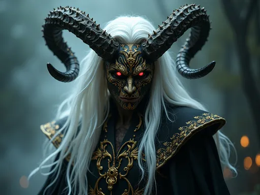 Prompt: An ultra-high-definition, UHD, HD, Highest Quality, hyper-realistic, ultra-detailed image of a A menacing figure with a demonic mask adorned with intricate golden details and two large, twisted horns. The character has long, flowing white hair and wears dark, ornate robes decorated with gold embellishments. The eyes behind the mask glow with an eerie light, adding to the ominous presence. The background is shrouded in mist and darkness, enhancing the mysterious and foreboding atmosphere.
BREAK
((UHD:1.5)), ((high details:1.5)), ((best quality:1.6)), ((super detail:1.5)), ((award winning:1.4)), ((masterpiece:1.6)), ((ethereal glow:1.3)), ((retina:1.4))
BREAK
Art by Greg Rutkowski, Pascal Blanche, Martina Grimm, John William Waterhouse
BREAK
Close-up shot, eye-level shot, dramatic lighting, chiaroscuro, dark fantasy realism, photo, cinematicperfect for UHD 4K resolution.