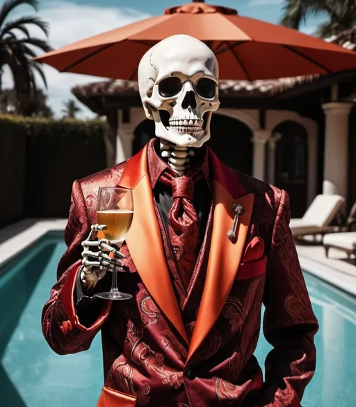 Prompt: Large scary-looking skeleton in an ill-fitting gaudy red and maroon paisley smoking jacket drinking champagne by the pool, eerie skeletal features, spooky atmosphere, high contrast, intricate details, horror, vintage style, vibrant orange tones, dramatic lighting