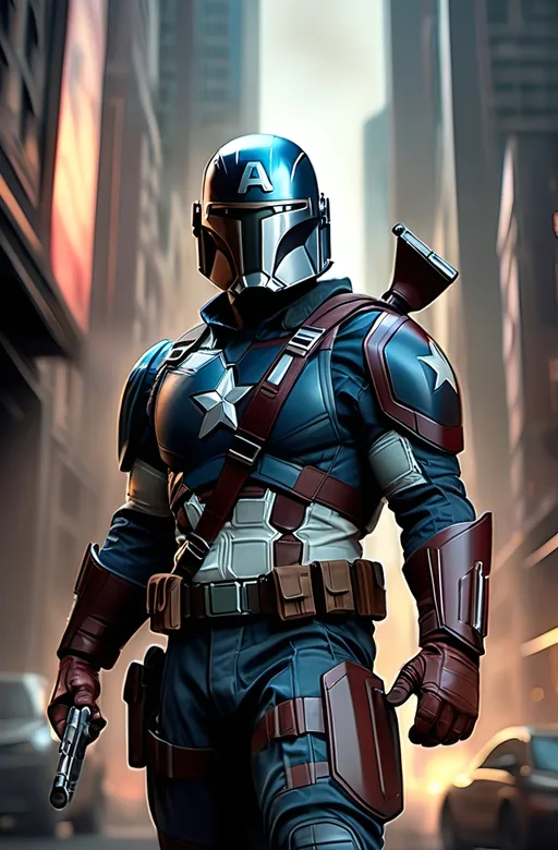 Prompt: (Captain America Mandalorian)  dynamic pose, blending elements of both characters, dark and mysterious ambiance, cool tones, sleek textures, high detail, dramatic shadows, futuristic cityscape background, moody lighting, enhanced visual contrast, 4K quality, emphasizing strength and fearlessness, epic superhero vibe.