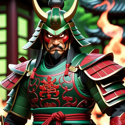 Prompt: tall, muscled, sinister looking samurai, in dark green and dark red samurai armor & mask.   Armed with an intricately inlaid Nagata.  the Kanji characters on the Nagata glow green.  the weapon radiates a sense of power and malice.  there is a pagoda in the background that is burning and falling down.  very high quality animation, UHD, 8K, 