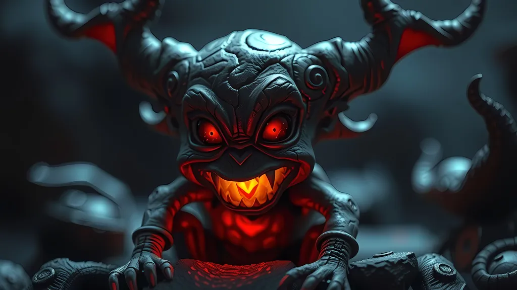 Prompt: necromancy (my Little Demon), (detailed and realistic), featuring a small, mischievous demon with crystal-like eyes, intricate textures and features that embody both charm and eeriness, dark mystical background, 8k UHD, (high quality), atmospheric lighting casting shadows, evoking a blend of wonder and darkness.