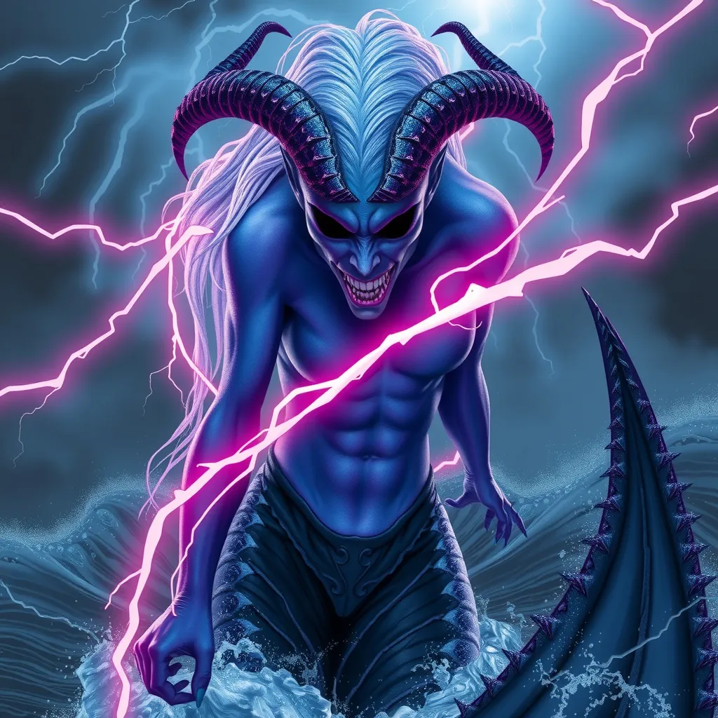 Prompt: A high definition, ultra-realistic digital rendering. 
Subject is a powerful female demon with blue and purple skin and hair made of lightning.  She is storm demon, she is the physical incarnation of a nightmare on the ocean.   The sea roils around her....water spouts spring forth from her, the waves churn and their angry maw opens at her command to pull you down.   Her eyes are solid black.  The black of a black hole, crushing anything that comes near it.  She's like an evil anti-mermaid, praying to pull you down to the depths and drown you.  Her smooth skin and very muscular physique shine with the reflection of a thousand storms, a barbed tail flashes back and forth creating fear and thunder.   Her strange beauty inspires awe and admiration, ultra-detailed, HD quality.