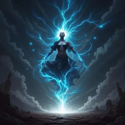 Prompt: 
a terrifying female apparition mid-lunge, upper body sharp and human-like, glowing cracks of blue lightning pulsing from within,  
lower body disintegrating into a chaotic swirl of smoke, mist, and energy tendrils,
