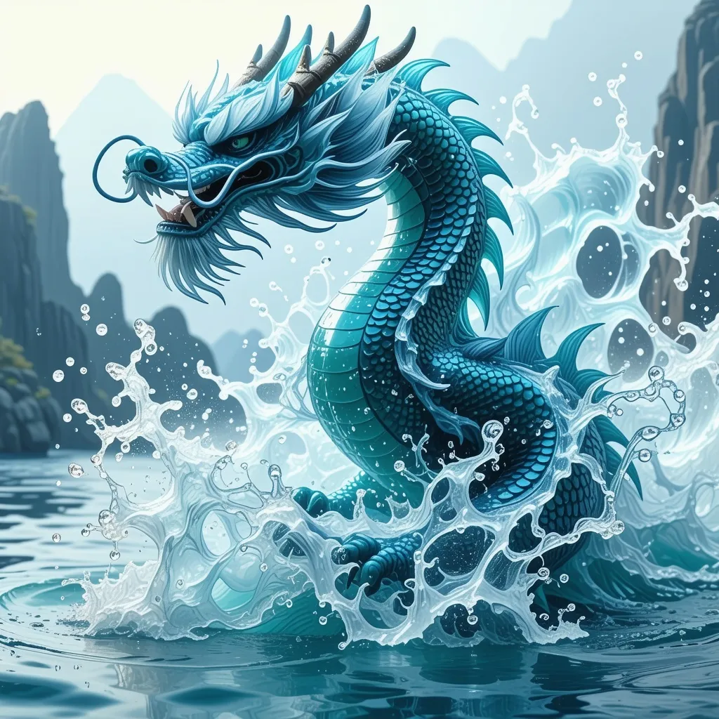 Prompt: A hyper-realistic, ultra-high-definition depiction of a majestic Water Dragon inspired by Chinese mythology, bursting powerfully from the surface of a pristine, crystal-clear body of water. The dragon has a serpentine, flowing form with intricate, lifelike scales that shimmer in cool tones of aquamarine, blue, and silver. Its body is semi-translucent, appearing as though it is made entirely of water, with glowing, ethereal details and mist swirling around it. Its long, elegant whiskers and horns reflect traditional Chinese dragon designs, blending seamlessly with the dynamic motion of the water. The dragon’s movement creates a dramatic spray of crystal-clear droplets, frozen mid-air, and perfect concentric ripples radiate outward from the water's surface. The background features a faint cosmic glow, with subtle reflections of the Milky Way and a serene yet dramatic atmosphere. The lighting is cinematic, highlighting the interplay of the dragon's translucent body, intricate textures, and powerful presence. Ultra-detailed and photorealistic, the scene embodies the mystique and grandeur of Chinese mythology, captured in breathtaking detail.