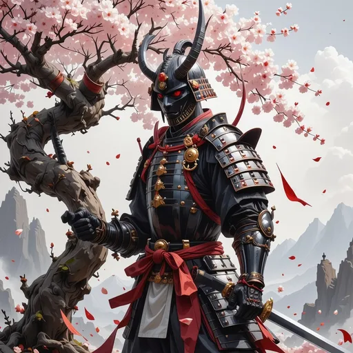 Prompt: rp_slgd, A realistic Samurai holding a sword made of crystal, solo, armor made of crystal, 1boy, male focus, holding, dual wielding, samurai, helmet made of crystal, horns, Japanese armor made of crystal, dark pink skin, red eyes, full body, fighting stance, Tokio background, tokio, Sakura tree, cherry blossom tree, tree made of crystal, glowing, glowing eyes, sheath, standing, gloves, teeth, Japanese clothes, white hair, shoulder armor, demon, looking at viewer, mask made of crystal, ponytail, fangs, sharp teeth, crystal shape armor