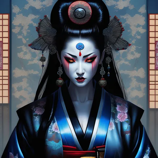 Prompt: Hyperrealistic female goth geisha vampire assassin partially shrouded in shadow, angrily peers with glowing blue eyes, covered with yakuza tattoos , long flowing hair flowing around her, sharp long nails in traditional geisha garb