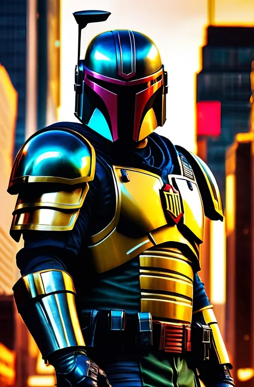 Prompt: (Judge Dredd Mandalorian)  dynamic pose, blend iconic judge dredd helmet with Mandalorian helmet, Judge Dredd badge on chest, golden eagles for shoulder pauldrons, blend the armor of the two characters, blending elements of both characters, dark and mysterious ambiance, cool tones, sleek textures, high detail, dramatic shadows, futuristic cityscape background, moody lighting, enhanced visual contrast, 4K quality, emphasizing strength and fearlessness, epic superhero vibe.