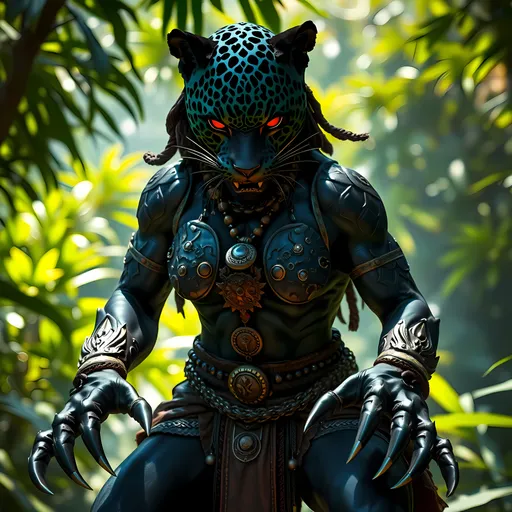 Prompt: (Black Jaguar Female Anthropomorphic Warrior, Powerfully Muscled,  Body Builder Muscles, Gleaming Extended Claws, Fearsome Steel Claws,  Hulking massive muscles, incredibly strong and powerful, Ripped Muscled, All skin is Covered in Black Jaguar Fur, Jacked, Lean, Athletic, Apex Predator, glowing amulet, bright shining claws, adorned in intricate Mayan warrior clothing, SFW, FUlly Clothed, (red glowing eyes) gleaming in the sunlight, showcasing highly detailed Mayan Warrior Garb, . wide angle composition amid a lush jungle background filled with vibrant greenery and dappled light, enhancing the mood of mystery. (8K ultra realistic), (photorealistic), employing sophisticated photography lighting techniques, (reflection mapping), capturing every detail in this cinematic masterpiece.