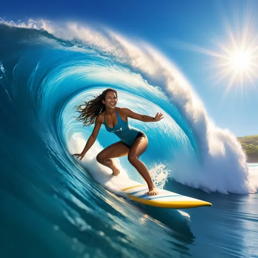 Prompt: HD Photorealistic (smiling, vibrant, stunningly beautiful native Hawaiian woman), surfing the crest of a massive tsunami wave, (overhead lighting), dynamic pose, (wide angle view), mesmerizing ocean spray, deep turquoise and azure colors, dynamic energy, (infinity vanishing point) creating an endless horizon, breathtaking perspective, warm sunlight reflections, ultra-detailed, cinematic ambiance, high quality, exhilarating surf scene.