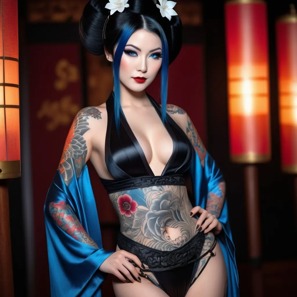 Prompt: Professional photorealistic HD Realistic Photo of a blue and black-haired goth geisha, with glowing blue eyes, very naughty and an evil smile, strutting on stage, yakuza tattoos, lacy sheer opaque black and very low cut kimono, fully exposed skin, birthday suit, goth steampunk, piercings, trashy hot, exposed intimacy, sensual look, full body image, dim light, stunningly beautiful, hyper-realistic, high definition, stunning beauty, detailed facial features, realistic lighting, atmospheric lighting, highres color palette, HDR, UHD, highly detailed, atmospheric lighting, photorealistic, iconic, varied color palette, stunning beauty, professional, HDR, UHD, detailed