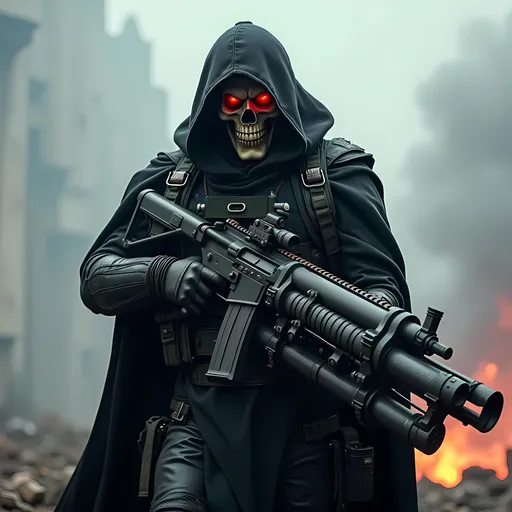 Prompt: (Soldier/Assasin with a skull face and scarlet glowing fire for eyes), dark hood, long black blowing cloak, detailed & intricate looking ultra black carbon fiber armor, gripping a massive futuristic gatling-style machine gun (like a future version of a M134 Minigun), huge ammunition feeders to a backpack full of ammo, futuristic battlefield, (dramatic lighting), (high contrast shadows), smoke rising in the background, scattered futuristic debris, an atmosphere of tension and chaos, (cinematic quality), ultra-detailed, dynamic composition, emphasizing a grim and foreboding mood.