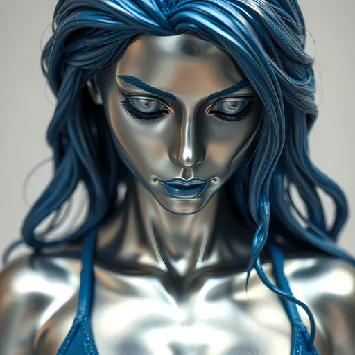 Prompt: Hispanic women Living statue, only silver tone, lifelike expression, detailed face head body , perfectly sculpted face head body belly, facial head body belly features, lifelike silver paint, wearing blue tank tops, long blue hair, realistic human sculpture, high quality, lifelike, metallic tones, detailed, professional sculpting, artistic, atmospheric lighting, statue, realistic, only silver paint, face head body belly all entirely covered in pure silver paint, blue lips, blue makeup,