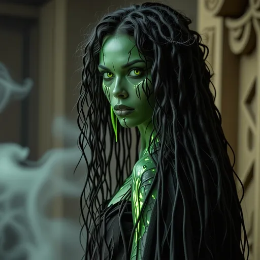 Prompt: An UHD photo-quality full-body image of Megaera, the Fury of Jealousy, in hyper-realistic 8K detail. Megaera is depicted as a wrathful yet mesmerizingly sinister figure, her gaunt but striking face exuding malice and envy. Her ashen, weathered skin is veined with faint green and black patterns, glowing like a corrupted web of energy. Her eyes burn with a venomous green light, narrow and piercing, reflecting her eternal role as the punisher of jealousy and infidelity. Her hair is a writhing, tangled mass of serpents, their scales glimmering faintly, hissing and snapping with malevolent energy.

Megaera’s upper body is lithe yet muscular, wrapped in tattered, smoke-like black robes that seem to shift and move unnaturally, as though alive with her rage. Her talon-like hands are elongated and sharp, blackened as if charred, dripping with a faint glowing ichor that corrodes the air around it. Her torso bears faintly etched patterns of ancient curses, glowing intermittently as her fury surges.

Her massive, bat-like wings are torn and jagged, each stroke of the wings emitting glowing green sparks and wisps of shadowy mist. Her lower body is shrouded in shifting black smoke, obscuring the ground as she floats above it, her form flickering between corporeal and ethereal.

Megaera stands on a fiery battlefield littered with the remnants of the jealous and unfaithful. The cracked, molten ground glows beneath her, with pools of green, bubbling acid marking her victims’ tortured ends. The background is a stormy chaos of red and green lightning, shadowy figures screaming in the distance, and crumbling ruins of broken oaths. The lighting highlights every intricate texture, from the glimmering scales of her serpents to the jagged tears in her wings. This hyper-realistic image captures the vengeful, jealous wrath of Megaera, blending horror with beauty.