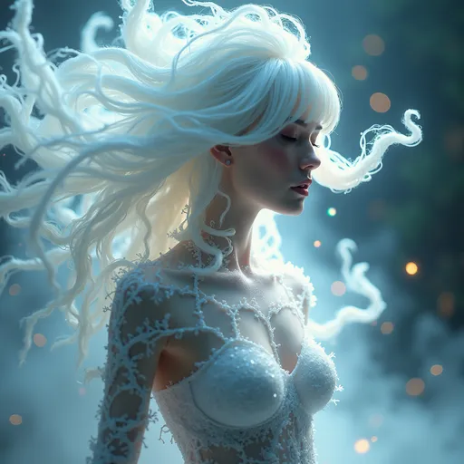 Prompt: Silhouette Art, magnificent. stunningly beautiful female air elemental, long white hair made from clouds, bangs, pulsing with gusts of wind and white electrical energy, white energy motes are all around her, she has an ethereal quality that makes her more mysterious,  subtle white iridescent water droplets covering her body,   Create a hyper-realistic scene in 8K resolution with intricate, lifelike textures and fine details. The composition is rendered with photorealistic quality, using advanced lighting, shadows, and reflections to emphasize realism. Every element, from the subject to the background, is crafted with meticulous attention to detail, capturing natural depth, accurate proportions, and true-to-life materials. The atmosphere is immersive and visually arresting, highlighting realistic textures, subtle nuances, and dynamic elements like natural light or motion. The overall effect should feel stunningly lifelike, evoking realism in every aspect.Unreal Engine, photorealistic, hyperrealistic, and visually arresting. Rendered in 8K, hyperrealistic, with fine intricate details.