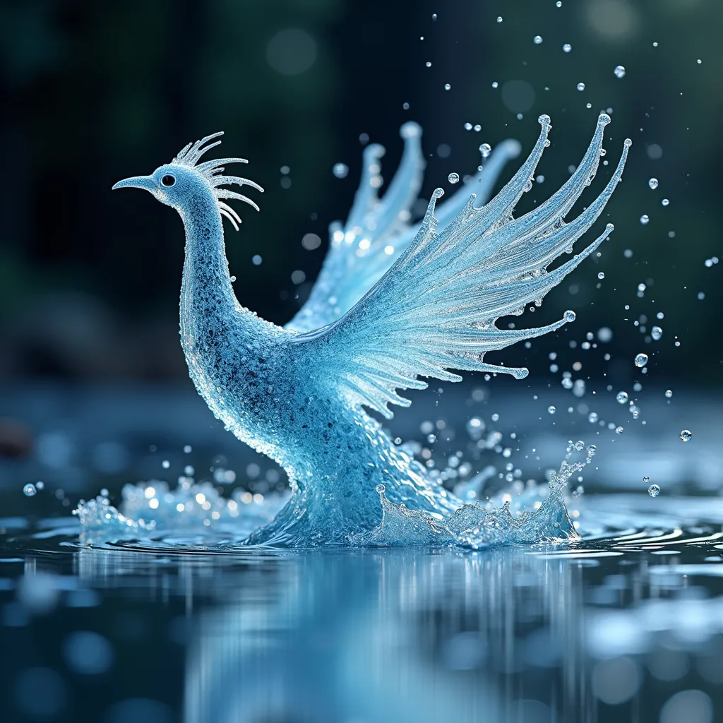 Prompt: Image of a water droplet hitting the surface of a perfectly clear puddle, stunning crystal clarity, images of the Milky Way and the universe reflected in the water, breathtaking detail, reflections dancing across the surface, high-speed capture, serene tranquility. Emerging from the splash is a mythical Water Phoenix, formed entirely of shimmering liquid, its wings arcing upwards in translucent plumes, droplets suspended midair. Cool blue tones with hints of shimmering silver, ethereal atmosphere, ultra-detailed, 4K resolution, dynamic motion capture, nature’s elegance and mystique, calming ambiance, a blend of surreal and serene beauty., breathtaking detail, reflections dancing across the surface, high-speed capture, serene tranquility, cool blue tones with hints of shimmering silver, ethereal atmosphere, ultra-detailed, 4K resolution, dynamic motion capture, nature’s elegance, calming ambiance.