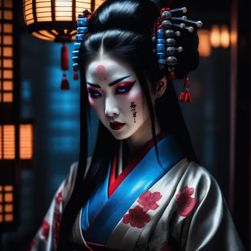 Prompt: Hyperrealistic female goth geisha vampire assassin partially shrouded in shadow, angrily peers with glowing blue eyes, covered with yakuza tattoos , long flowing hair flowing around her, sharp long nails in traditional geisha garb