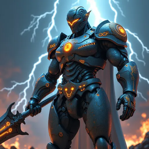 Prompt: A formidable warrior cyborg, Battle scars and marks of past villainy, now overlaid with symbols of heroism and snakes, representing rebirth and transformation.  embodying both a superhero and a redeemed former villain, exuding an aura of power and redemption.   Standing heroically amidst a stormy battlefield, with lightning illuminating the fractal designs on the armor. The character, adorned with intricately designed armor that features a hybrid of Damascus steel and fractal art patterns, stands poised for battle. The armor's fractal designs shimmer with a mystical energy, merging beautifully with the Damascus steel’s distinctive water-like patterns. His/her piercing snake-like eyes reflect an intense and focused determination. Snakes are an integral part of his/her design, with serpent tattoos coiling around muscular arms and legs, and snake motifs etched into the armor and weaponry. A massive, fractal-designed sword or staff with Damascus steel accents adds to the character's menacing and heroic presence. The overall image is ultra-high definition, with sharp focus on the intricate details, natural lighting, and realistic textures, ensuring the art is neither anime nor comic book style.