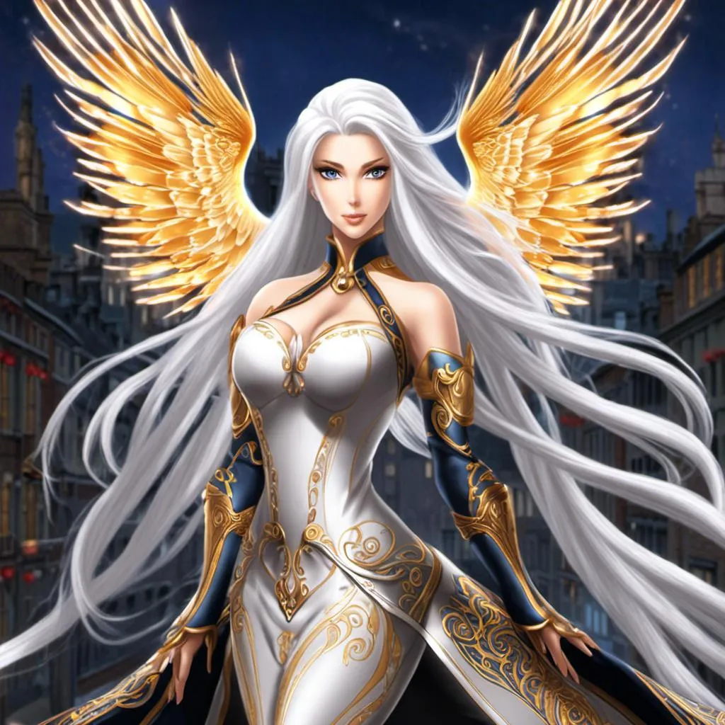 Prompt: <mymodel>A beautiful 58 ft tall 30 year old anime ((British)) Water elemental Queen giantess with light skin and a beautiful soft elegant symmetrical face. She has long straight elegant white hair with two long strands of hair going down both the left and right side in front of her face reaching her chest and she has white eyebrows. She wears a beautiful long dark blue dress with royal robs. She has brightly glowing blue eyes and water droplet shaped pupils. She wears a beautiful blue tiara. She has a blue aura behind her. She is wielding water magic. Painting art. Scenic view. Portrait art. {{{{high quality art}}}} ((goddess)). Illustration. Concept art. Symmetrical face. Digital. Perfectly drawn. A cool background. Five fingers. Full body view. No portrait. No black background. Front view. Full view of dress. anime art style, white hair