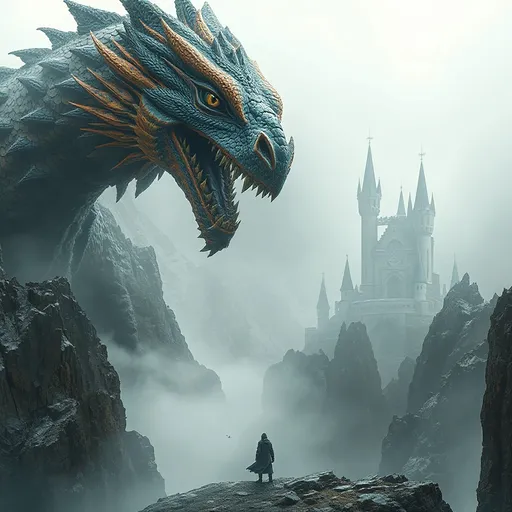 Prompt: Amidst towering, jagged mountains cloaked in mist, a colossal dragon with striking blue and orange scales looms menacingly, its fierce golden eye locked onto a solitary figure standing far below. The draconic creature's intricate, spiked maw, filled with sharp teeth, conveys an intimidating presence, while its textured feathers ripple in the wind, showcasing the mastery of its scales. The distant castle, marked by elegant spires and a gothic silhouette, adds an ethereal touch to the scene, hinting at an ancient world steeped in mystery. The soft, diffused light creates a surreal atmosphere, casting delicate shadows that emphasize the dramatic scale difference between the dragon and the cloaked wanderer, evoking a blend of awe and foreboding in this fantastical landscape.